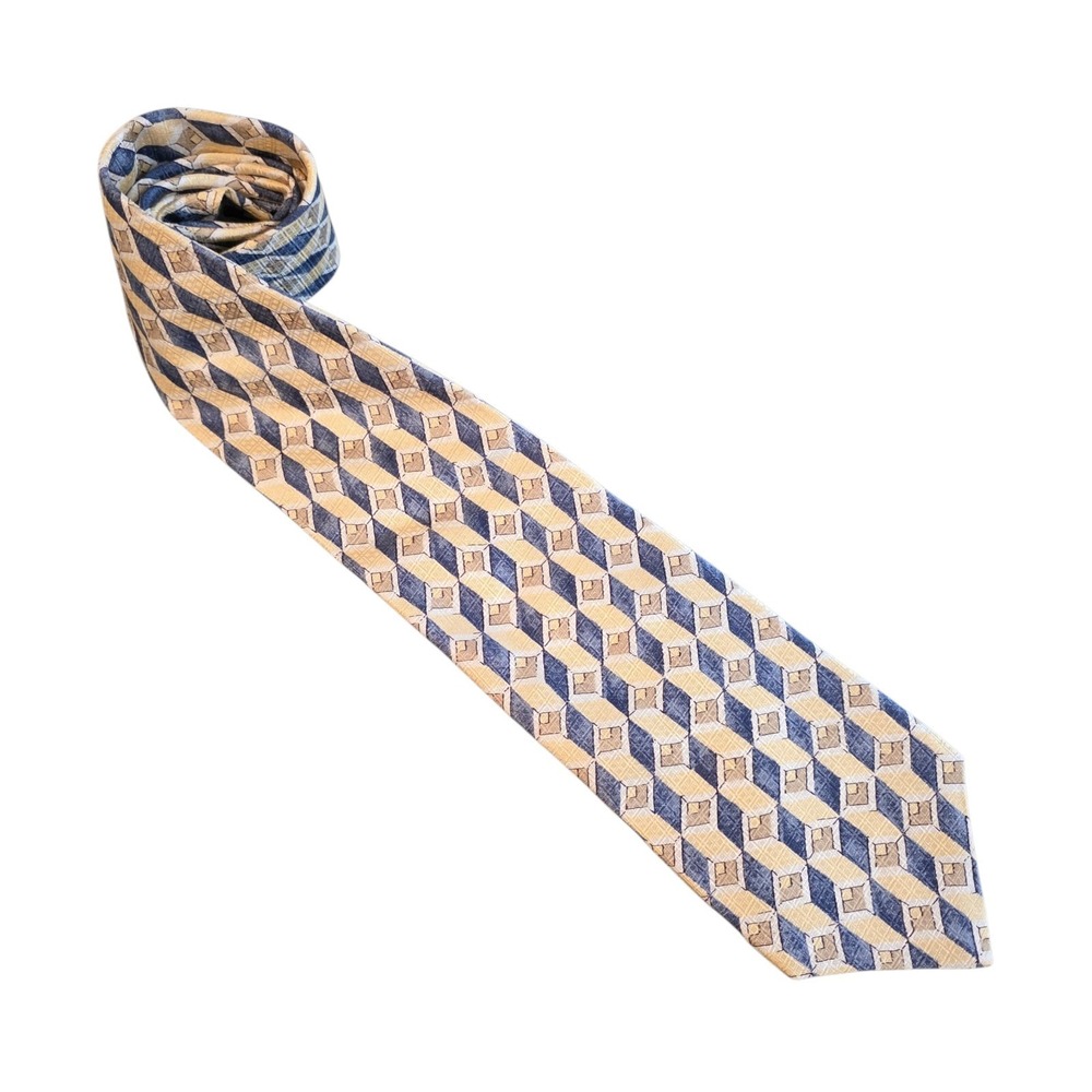 Courchevel by Damon Tie Necktie‎ Yellow Blue Geometric Made In USA 100% Silk VTG